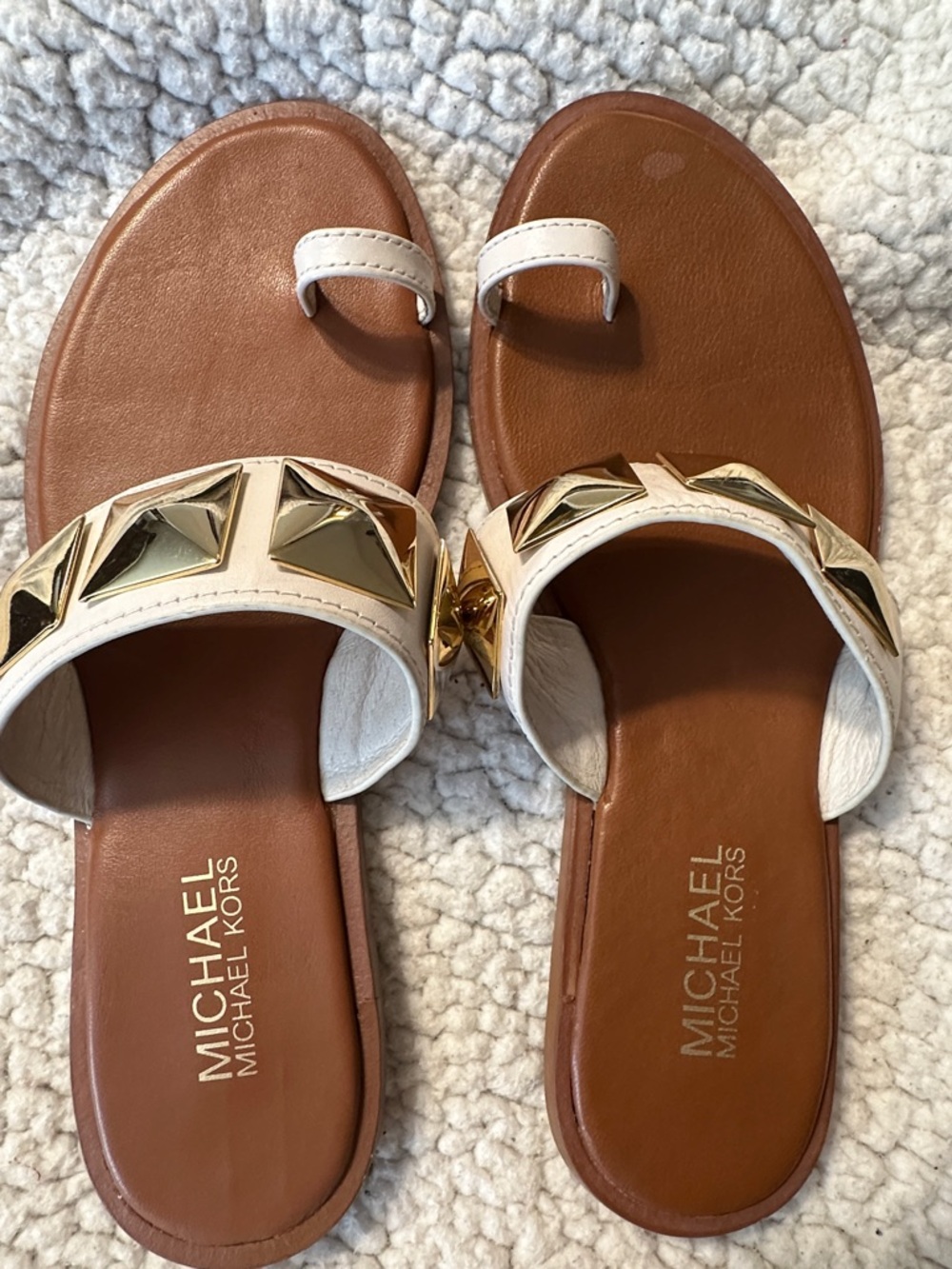 Michael Kors White & Brown Slide Sandals with Gold Pyramid Accents